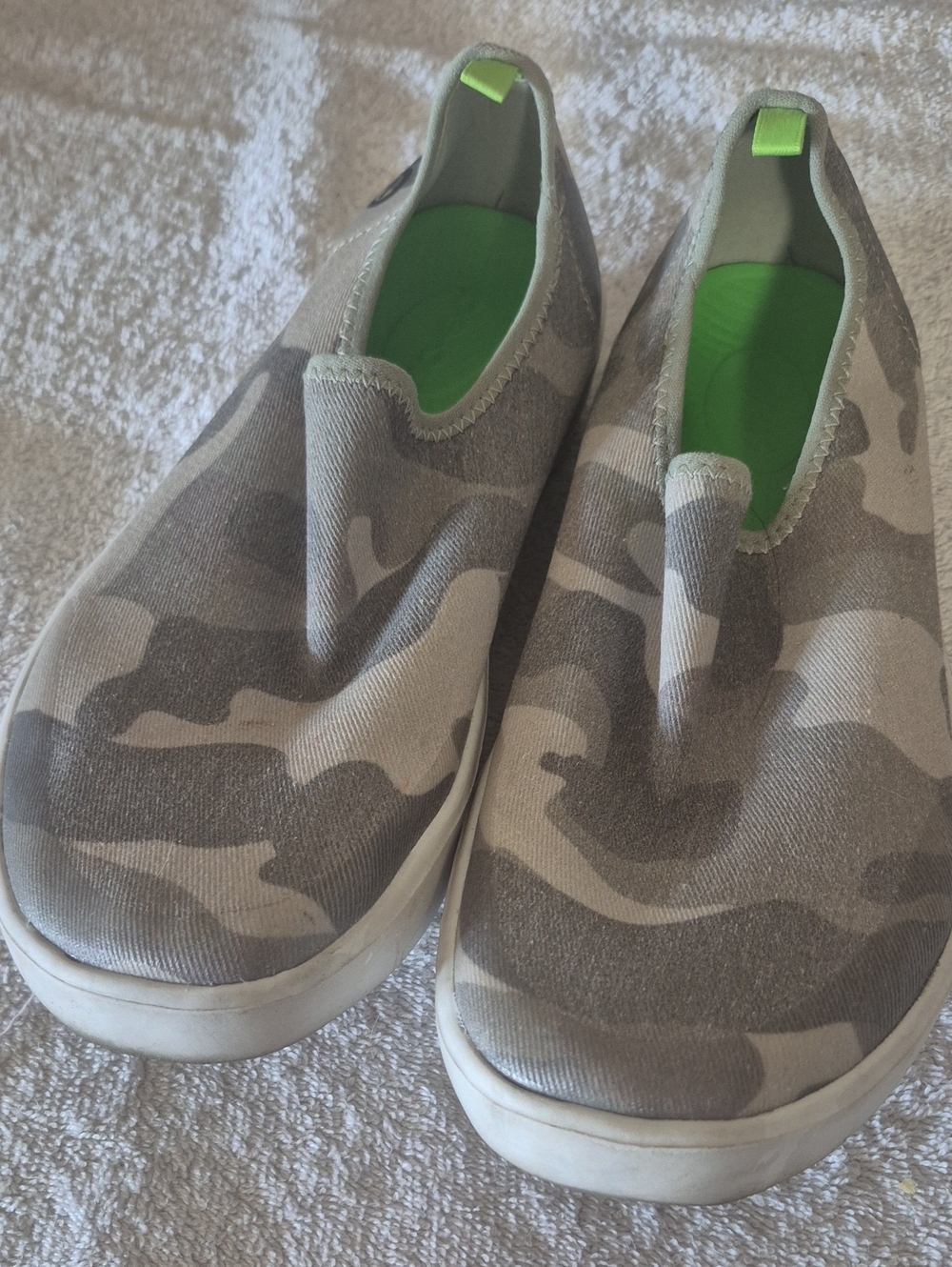 Oofos Slip-On Camo Sneakers in Gray and Neon Green